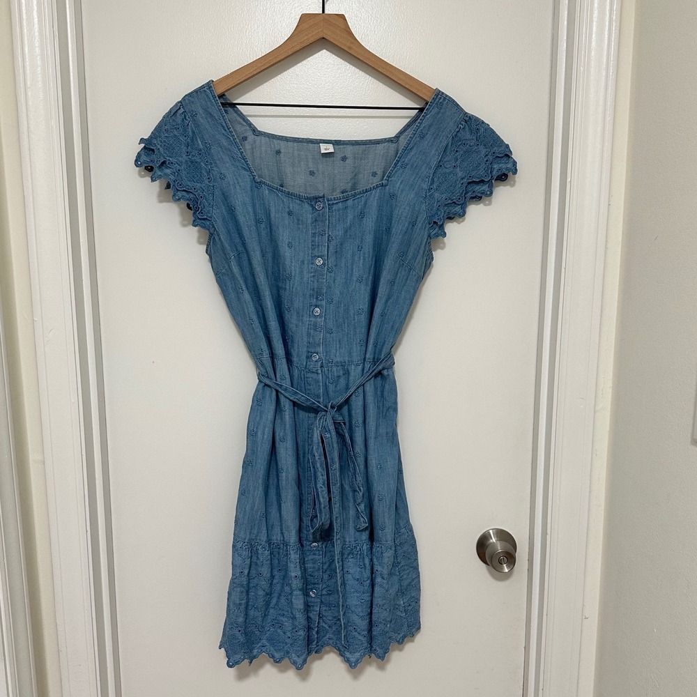 OLD NAVY | Blue Denim Chambray Embroidered Cutwork Eyelet Peasant Mini Dress, L - Picture 3 of 10